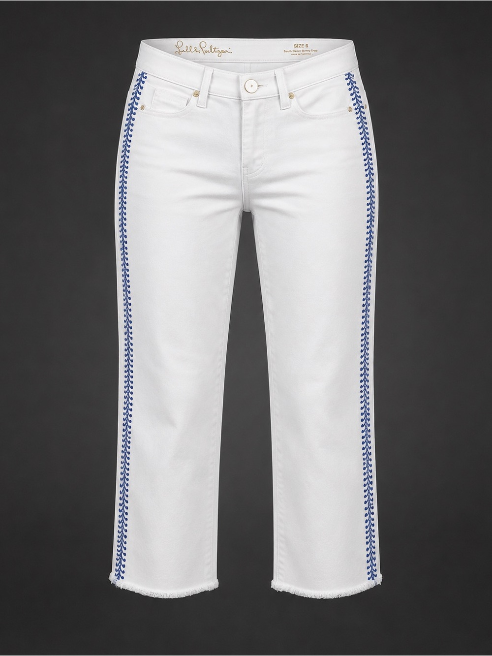 Lilly Pulitzer South Ocean Skinny Crop Jeans White Blue Embroidered Stripe Sz 6